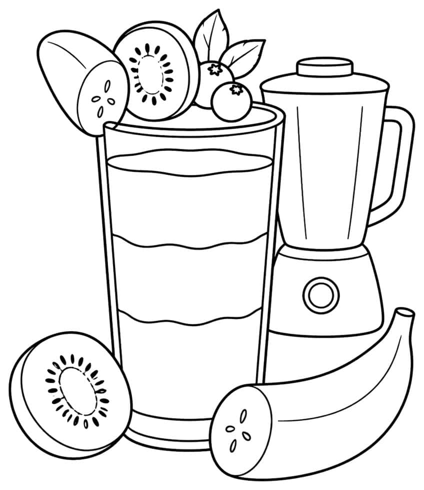 Smoothie glass, blender, kiwi slices, blueberries and a banana