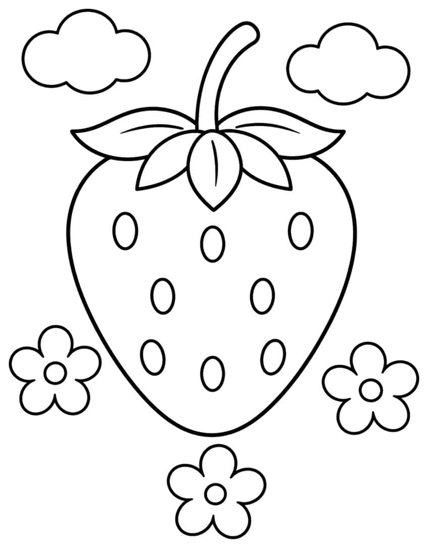 Large strawberry with leafy cap, seeds, clouds and flowers