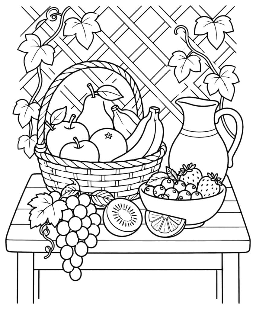 Fruit basket, pitcher, berry bowl, grapes and kiwi on a table with ivy trellis