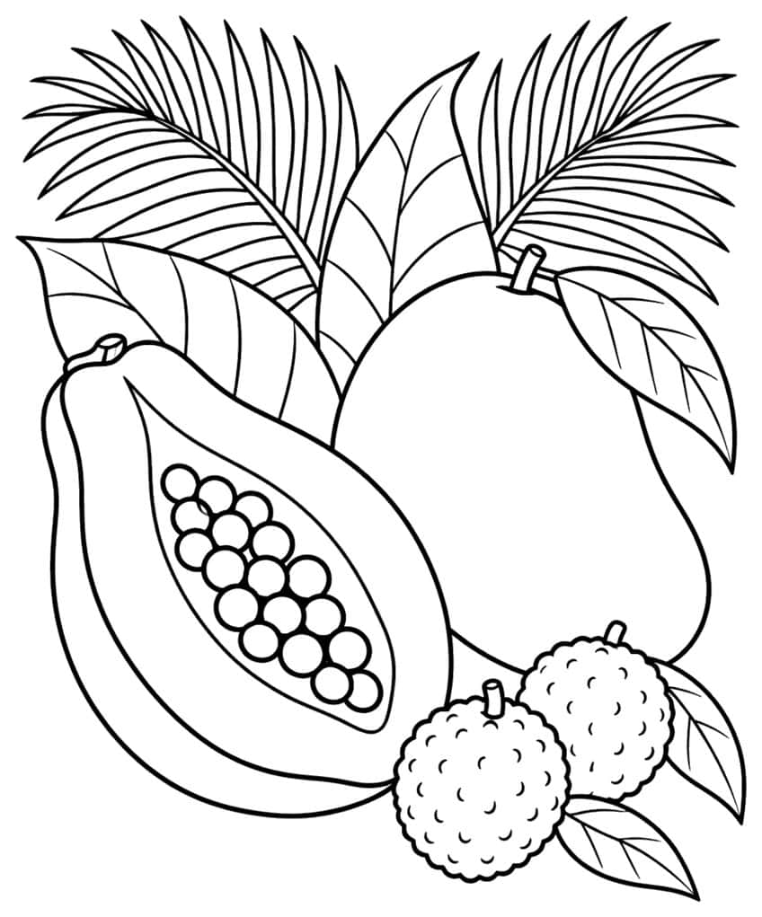 Halved papaya with seeds, whole mango, two lychees, palm leaves