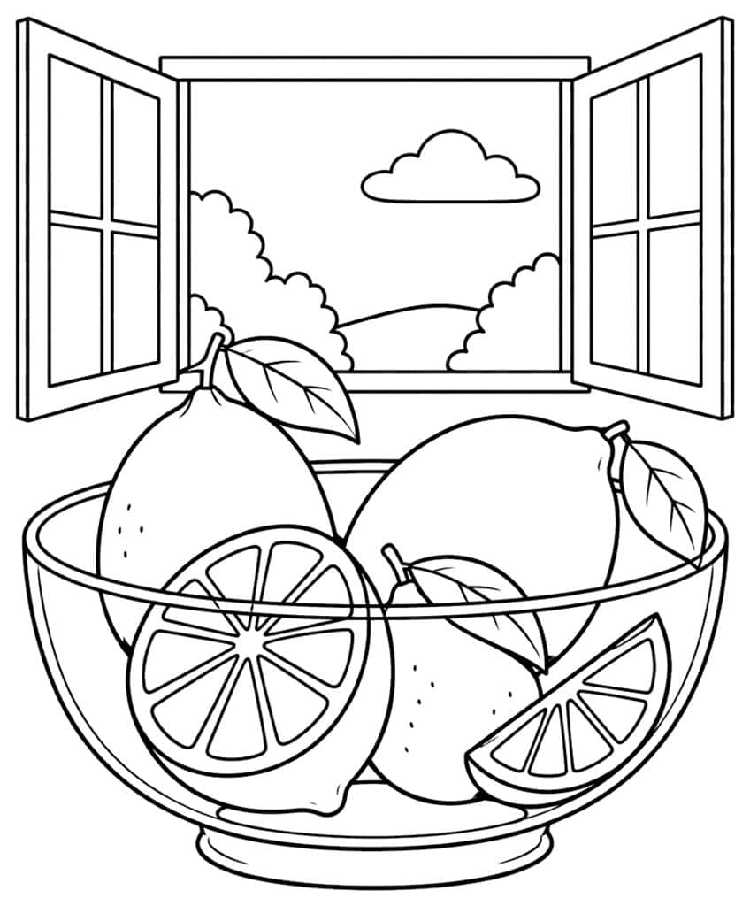 Bowl of lemons with a slice and wedge in front of an open window