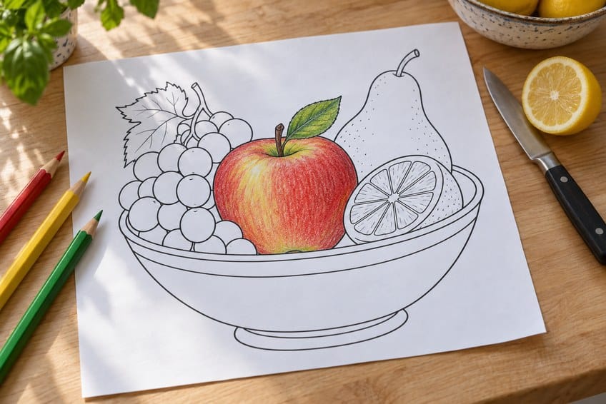 fruits coloring page partly colored in with pencils