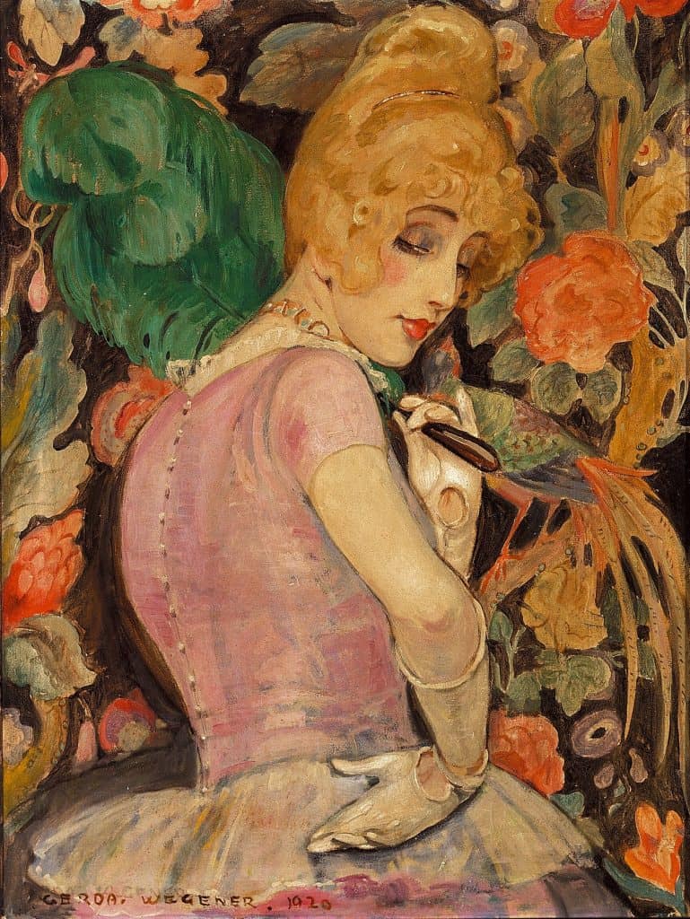 Gerda Wegener - Portræt af Lili Elbe med grøn fjervifte - 1920. Lili Elbe was the name used by the artist's partner, who was a trans woman.