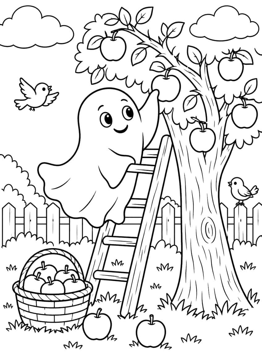 Ghost on a ladder picking apples from a tree, with a basket of apples and birds, coloring page