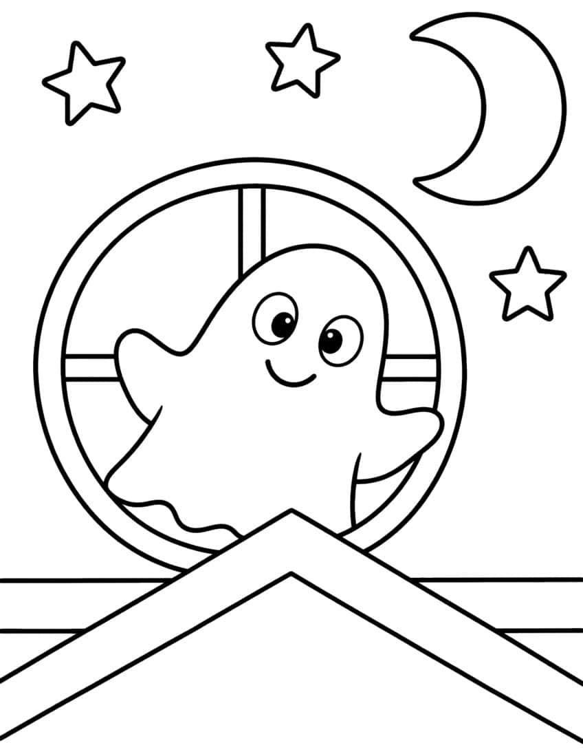 Coloring page of a smiling ghost in a round attic window with a crescent moon and stars