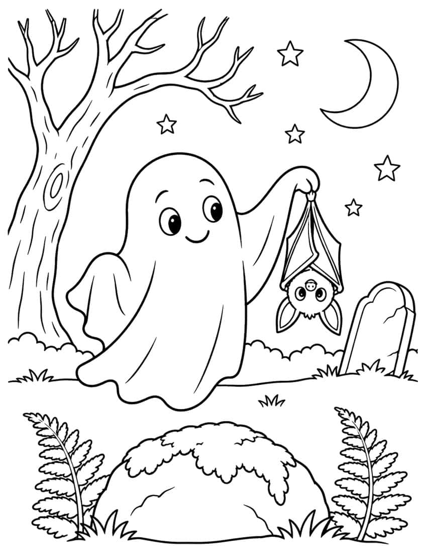 Ghost coloring page with a hanging bat, bare tree, tombstone, crescent moon, mossy rock and ferns