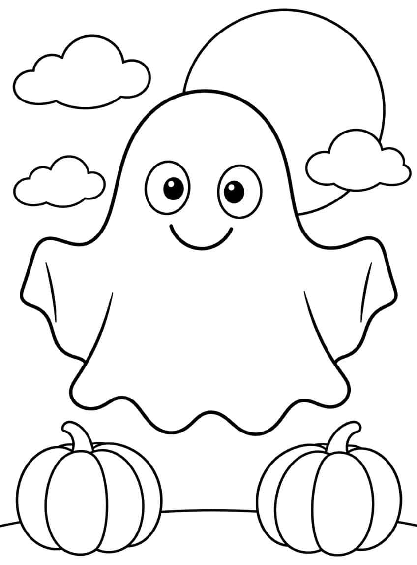 Coloring page of a smiling ghost with outstretched arms, two pumpkins, clouds and a full moon