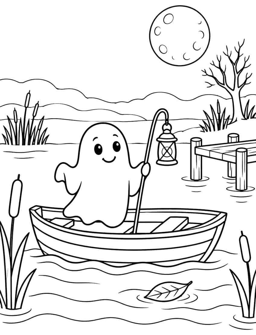 Coloring page of a ghost in a rowboat with a lantern on a pond near a dock under a full moon