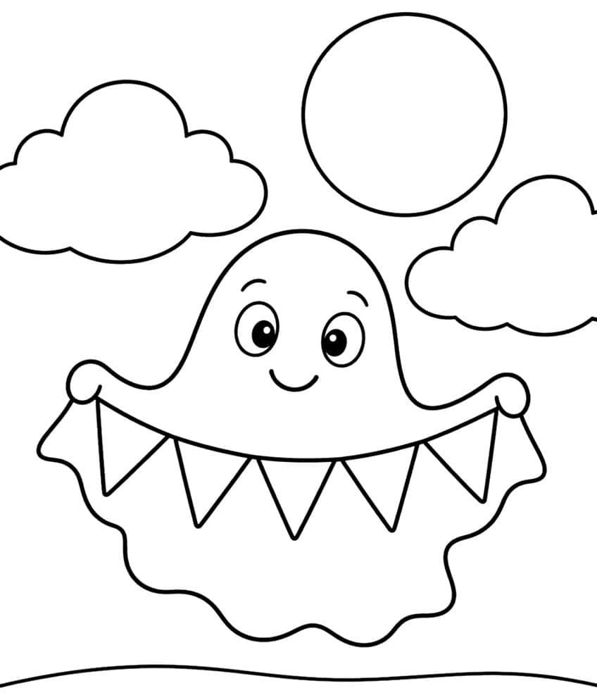 Coloring page of a smiling ghost holding a triangle bunting banner beneath a moon and clouds