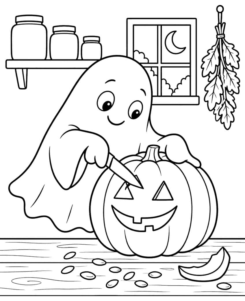 Coloring page of a ghost carving a jack-o'-lantern at a kitchen table