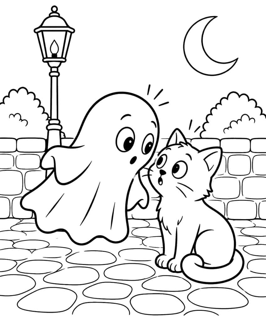 Coloring page of a surprised ghost and kitten by a street lamp under a crescent moon