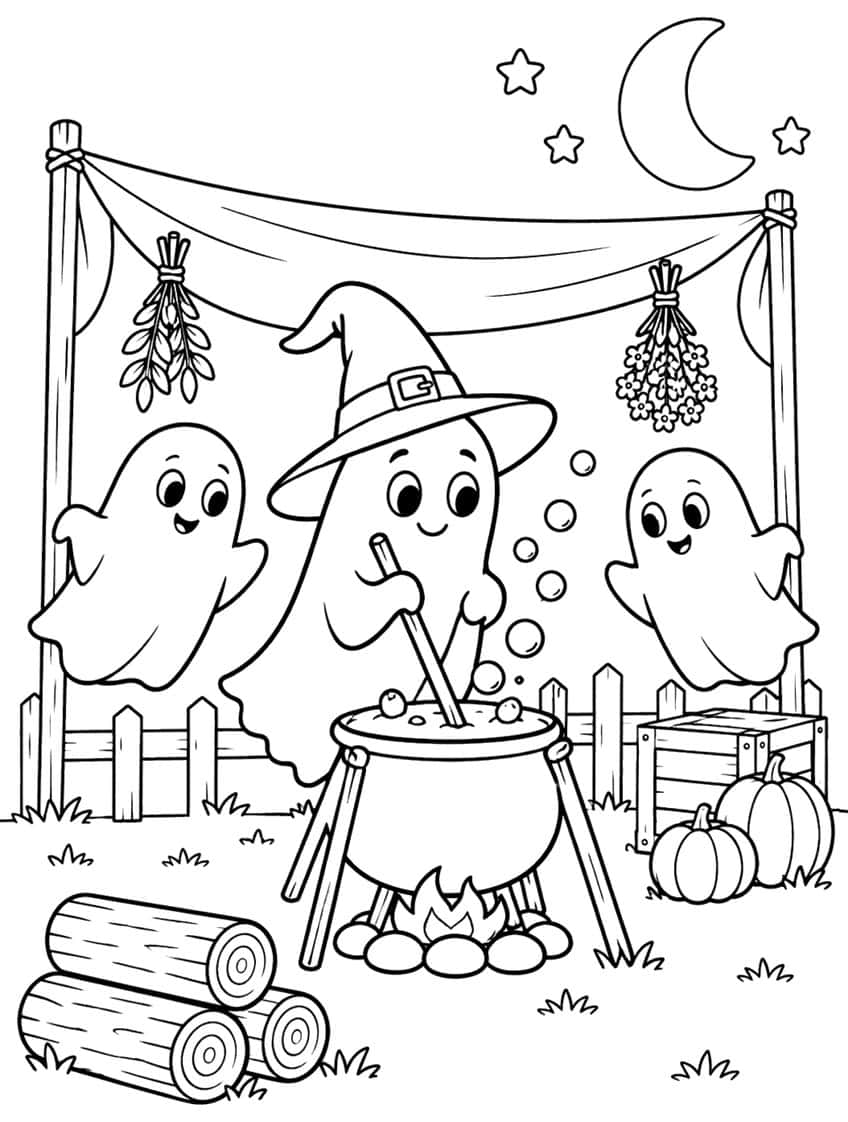 Coloring page of a ghost in a witch hat stirring a cauldron, with two ghosts, pumpkins and logs