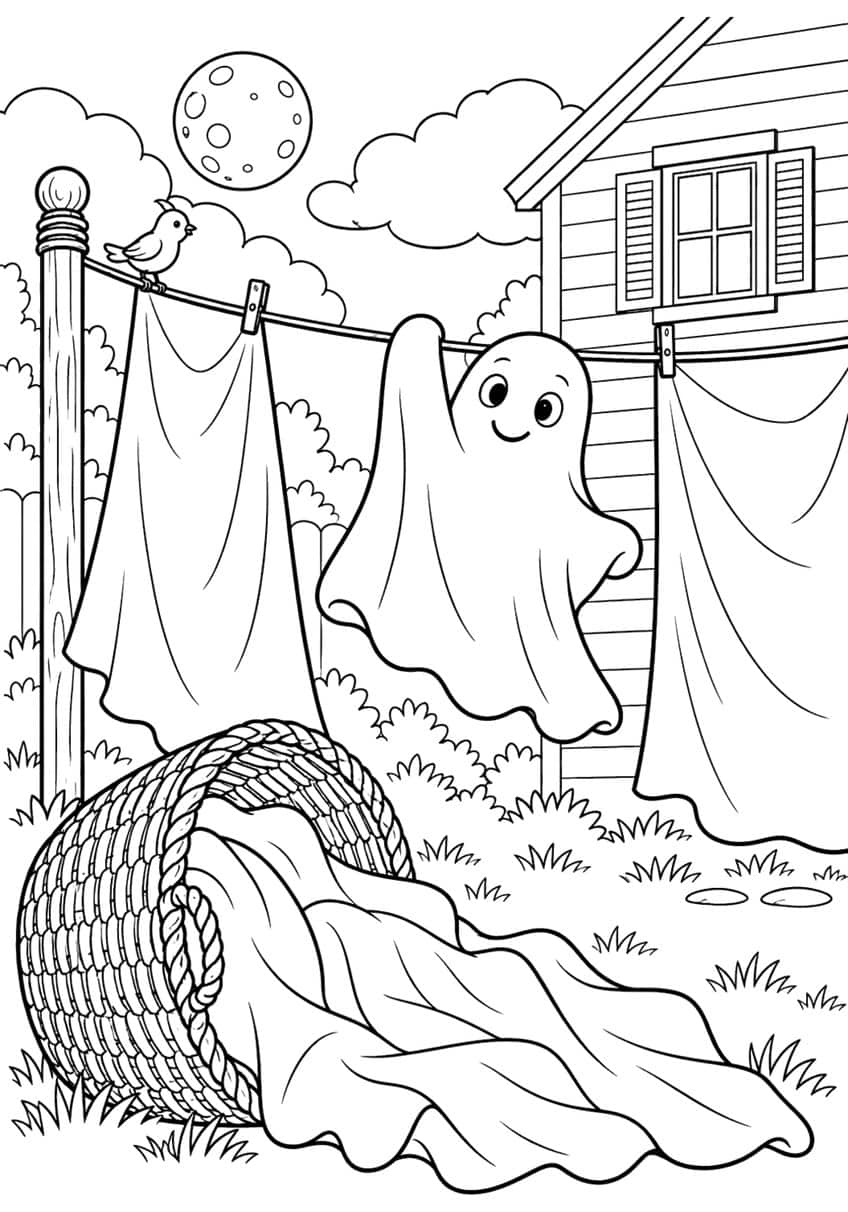 Ghost coloring page of a smiling ghost on a clothesline beside sheets and a laundry basket