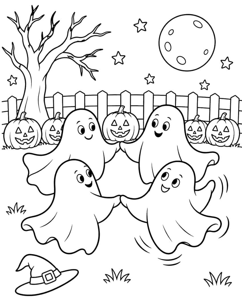 Coloring page of four ghosts dancing in a circle with jack-o'-lanterns, a bare tree and a full moon