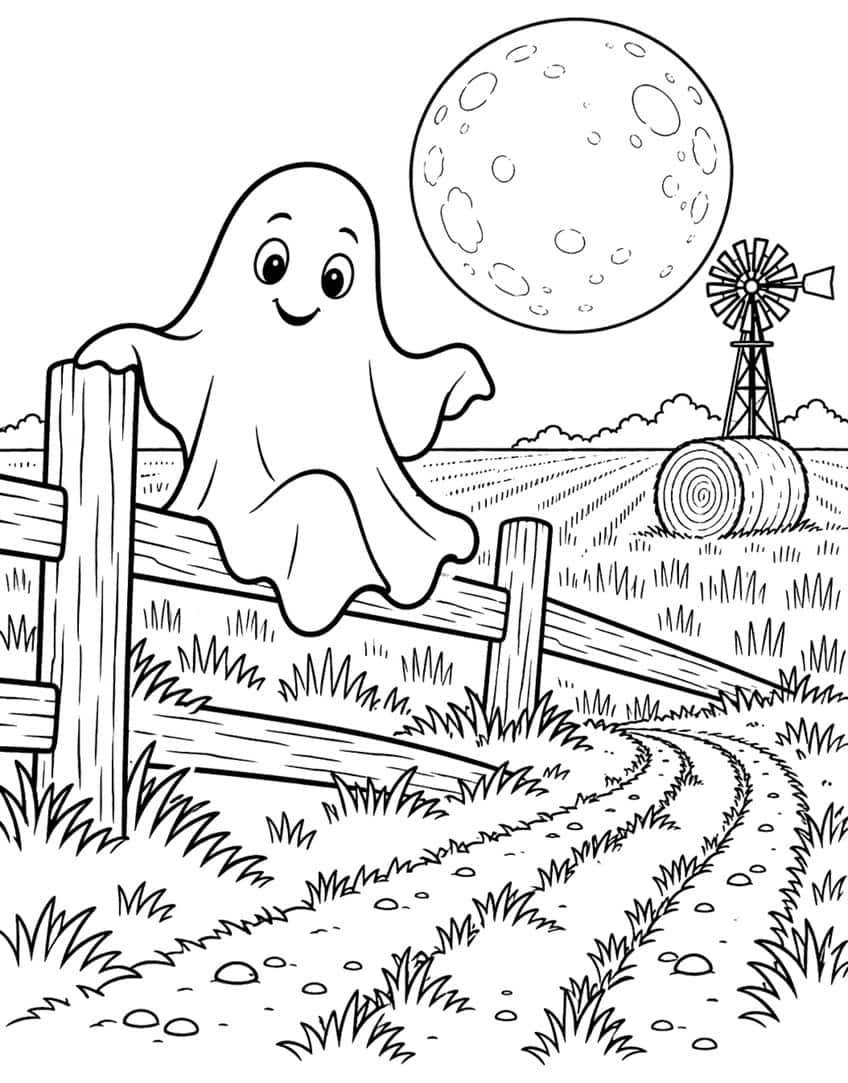 Coloring page of a smiling ghost on a wooden fence by a farm path, with a hay bale, windmill and full moon