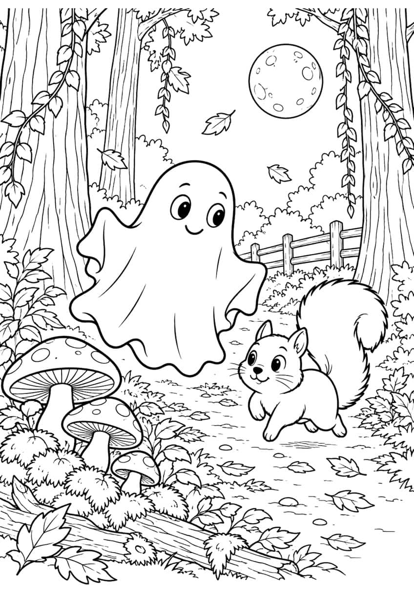 Coloring page of a friendly ghost and a squirrel on a forest path with mushrooms and a full moon