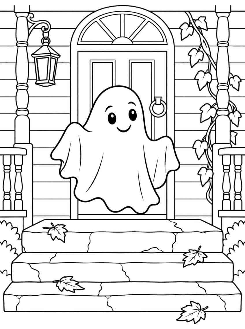 Coloring page of a smiling ghost on porch steps by an arched front door with a lantern and ivy