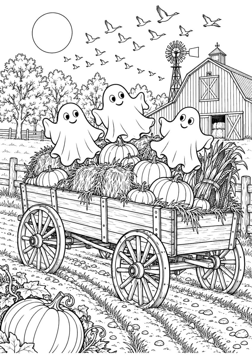 Coloring page of three ghosts on a wagon full of pumpkins and hay in front of a barn