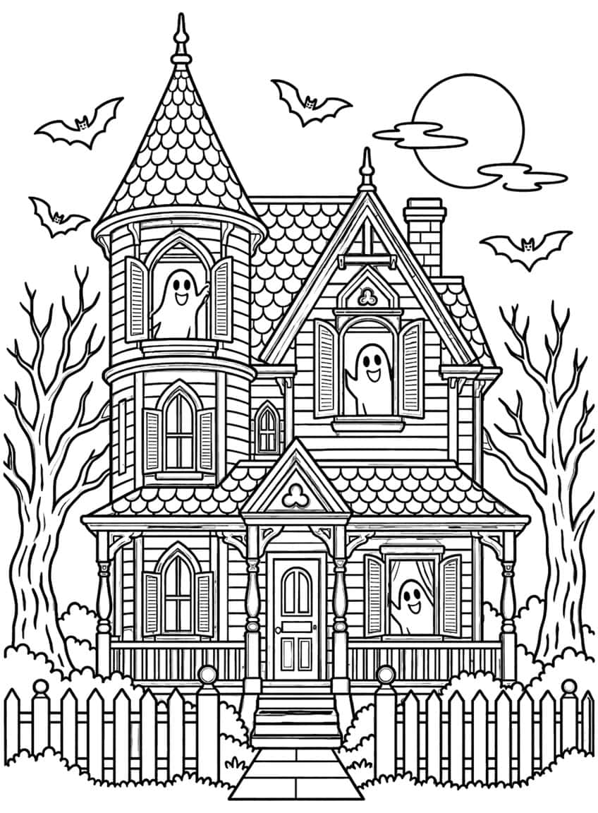 Coloring page of a Victorian haunted house with ghosts in three windows, bats and a full moon