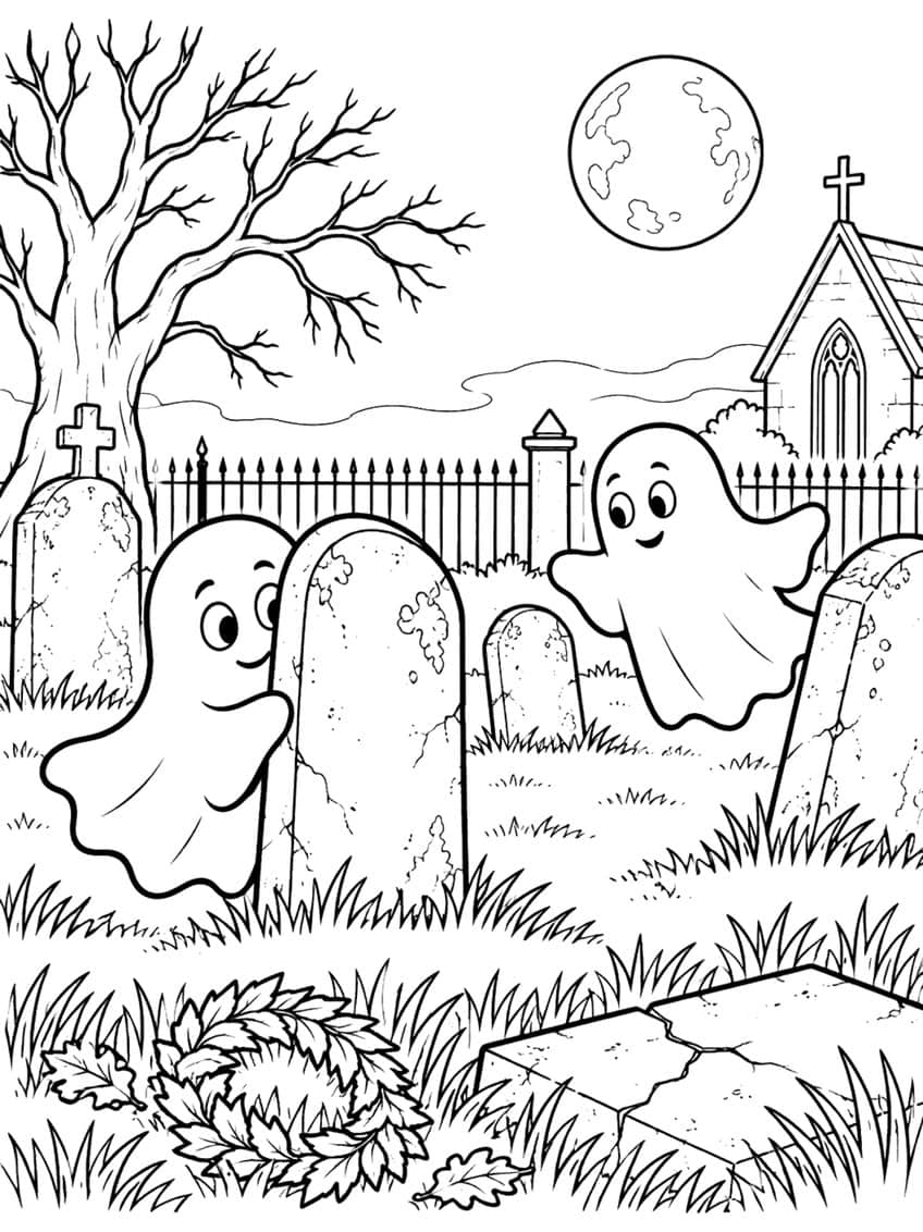 Coloring page of two ghosts playing hide-and-seek among tombstones in a moonlit graveyard