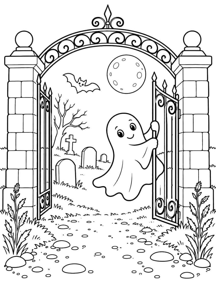 Coloring page of a cute ghost opening a wrought iron cemetery gate under a full moon
