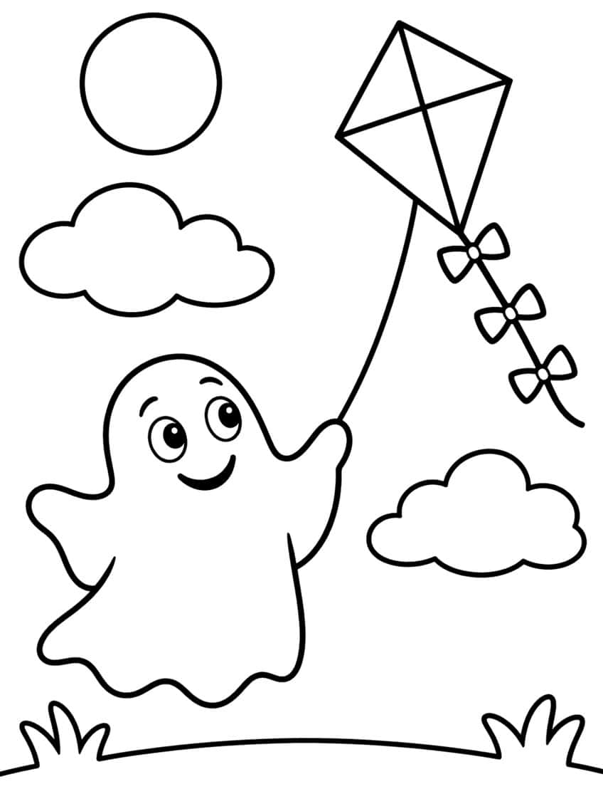 Coloring page of a smiling ghost flying a kite with bows under a sun and clouds