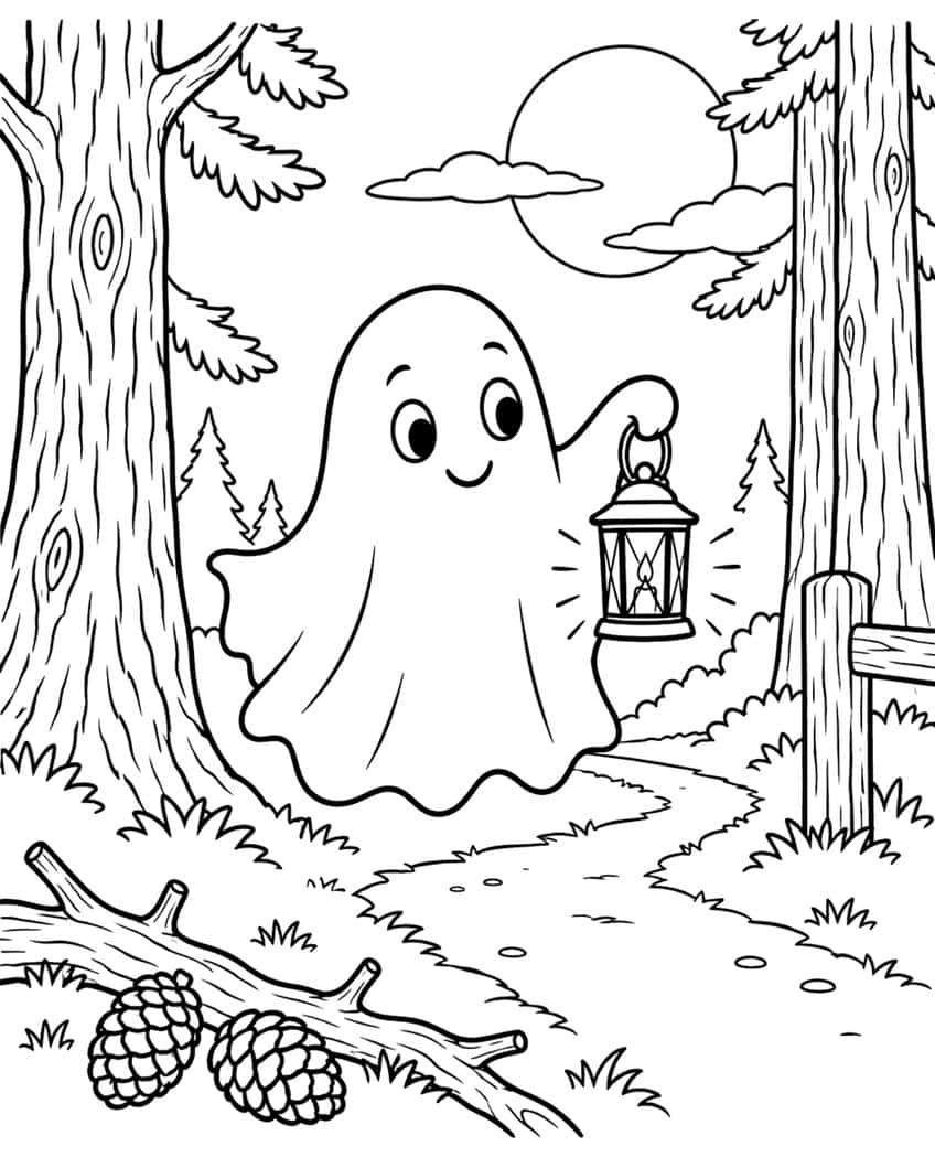 Ghost holding a lantern on a forest path under a full moon, with pinecones on a log