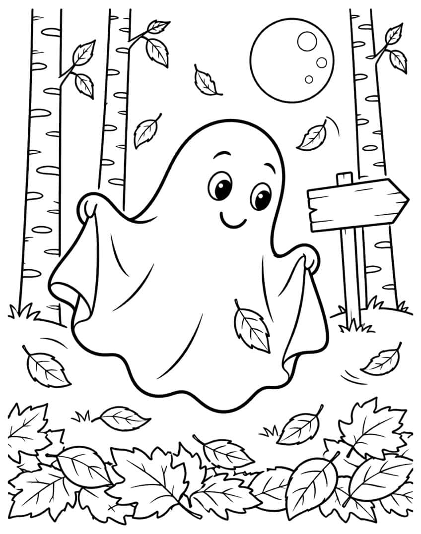 Coloring page of a smiling ghost among falling autumn leaves in a birch forest