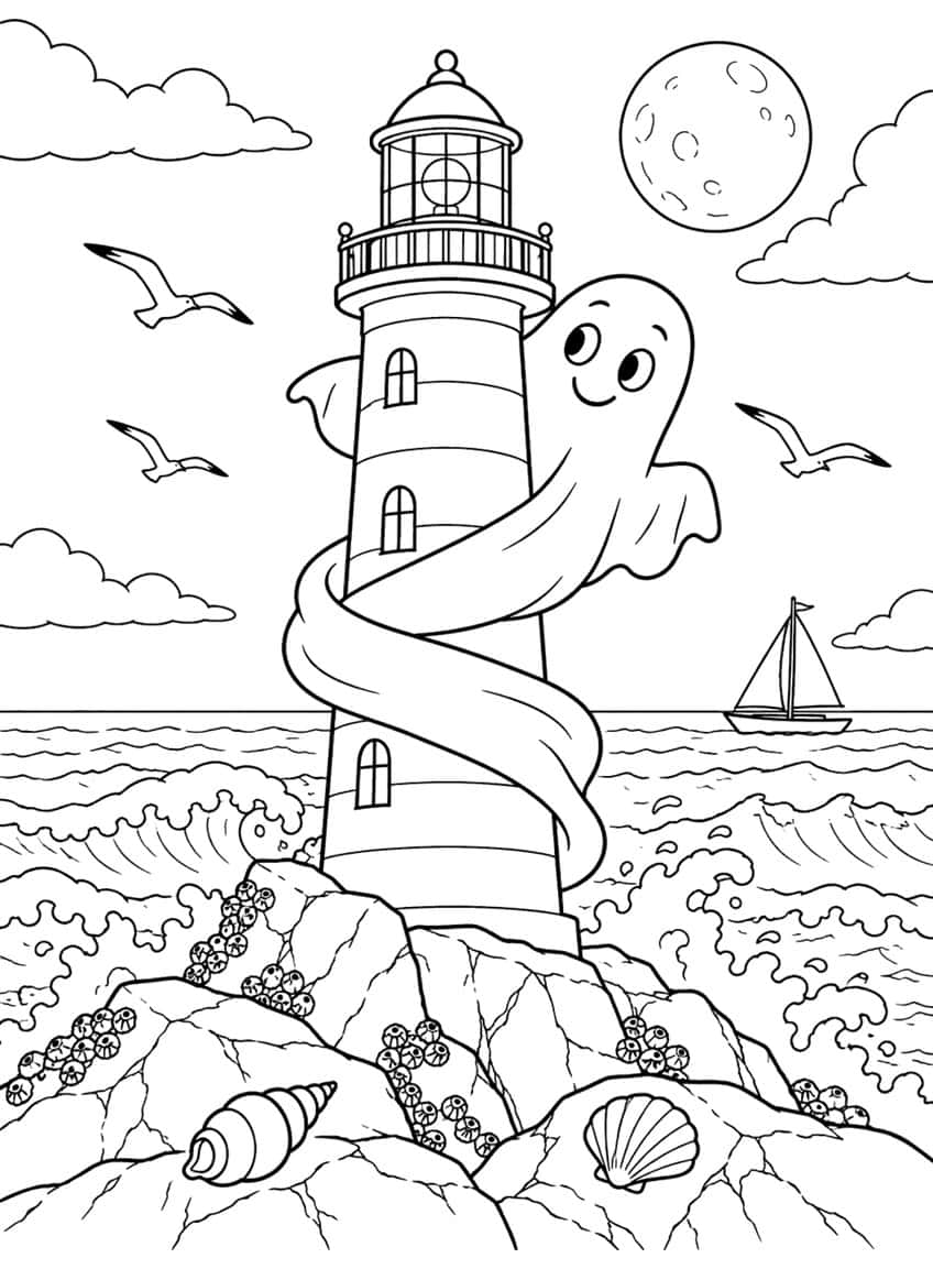 Coloring page of a ghost wrapped around a lighthouse on rocks with waves, seagulls, and a sailboat