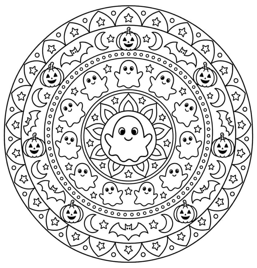 Round Halloween mandala coloring page with ghosts, jack-o'-lanterns, bats, moons and stars