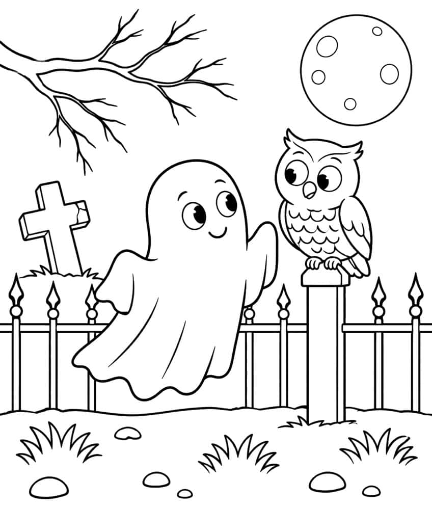 Coloring page of a ghost greeting an owl on a graveyard fence post under a full moon