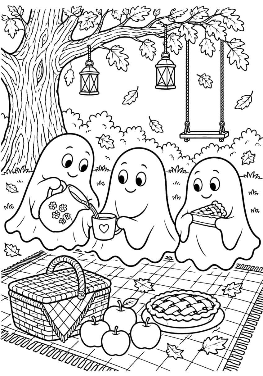 Coloring page of three ghosts picnicking with tea, apple pie and a basket under an oak tree
