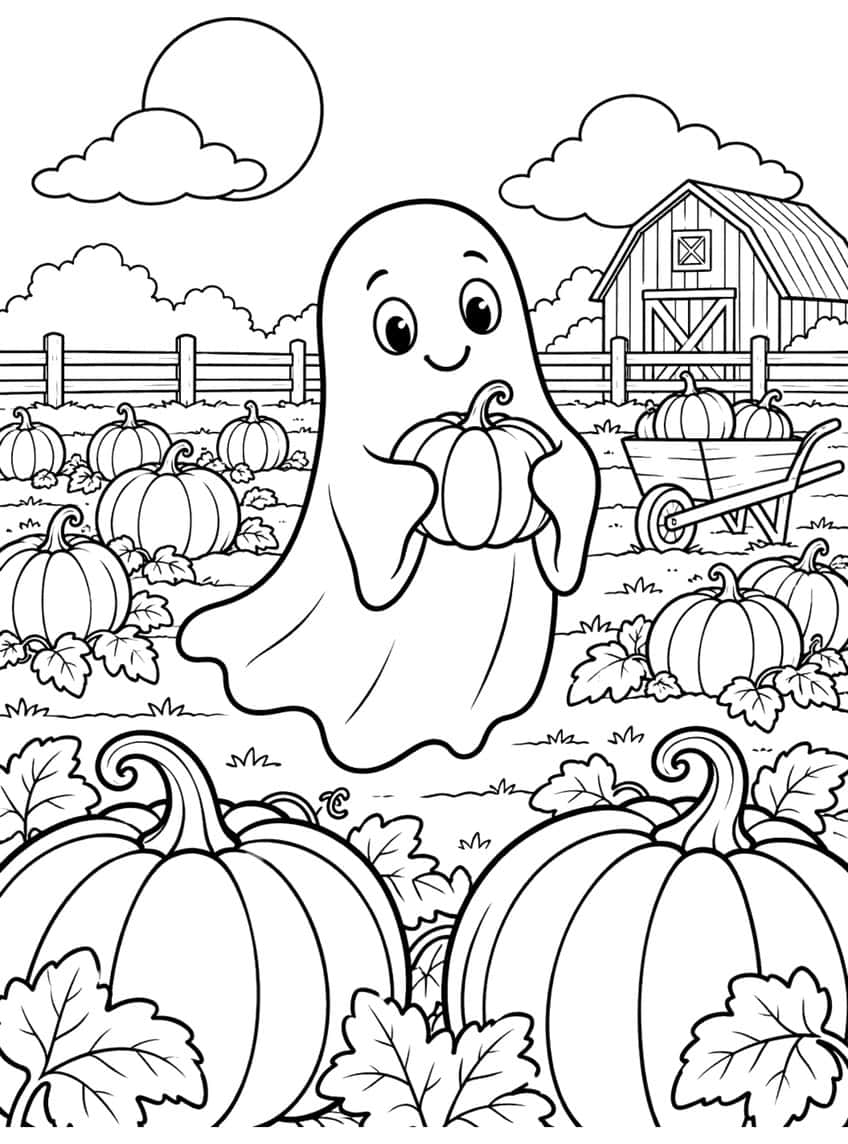 Coloring page of a ghost holding a pumpkin in a pumpkin patch with a barn and wheelbarrow