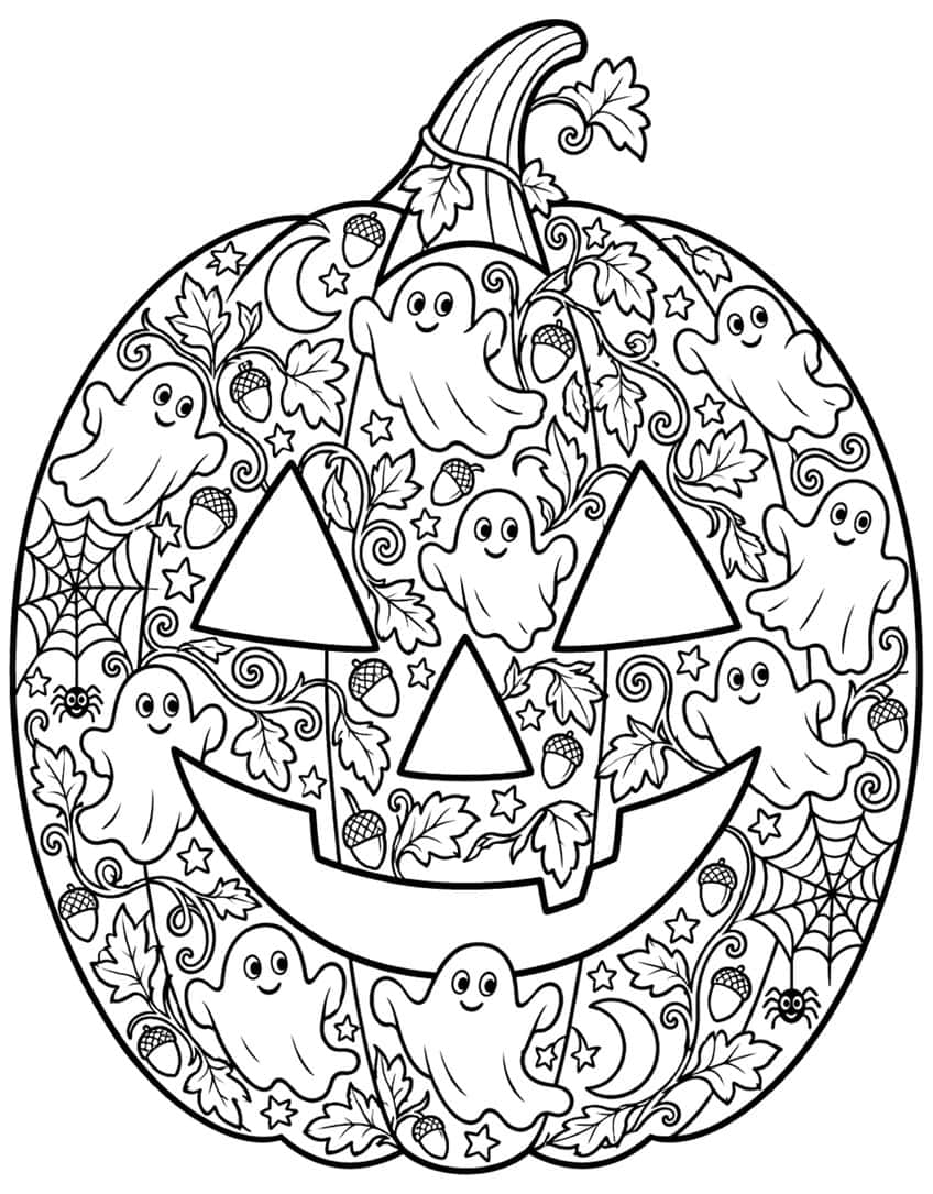 Coloring page of a jack-o'-lantern patterned with small ghosts, leaves, acorns, stars and spiderwebs