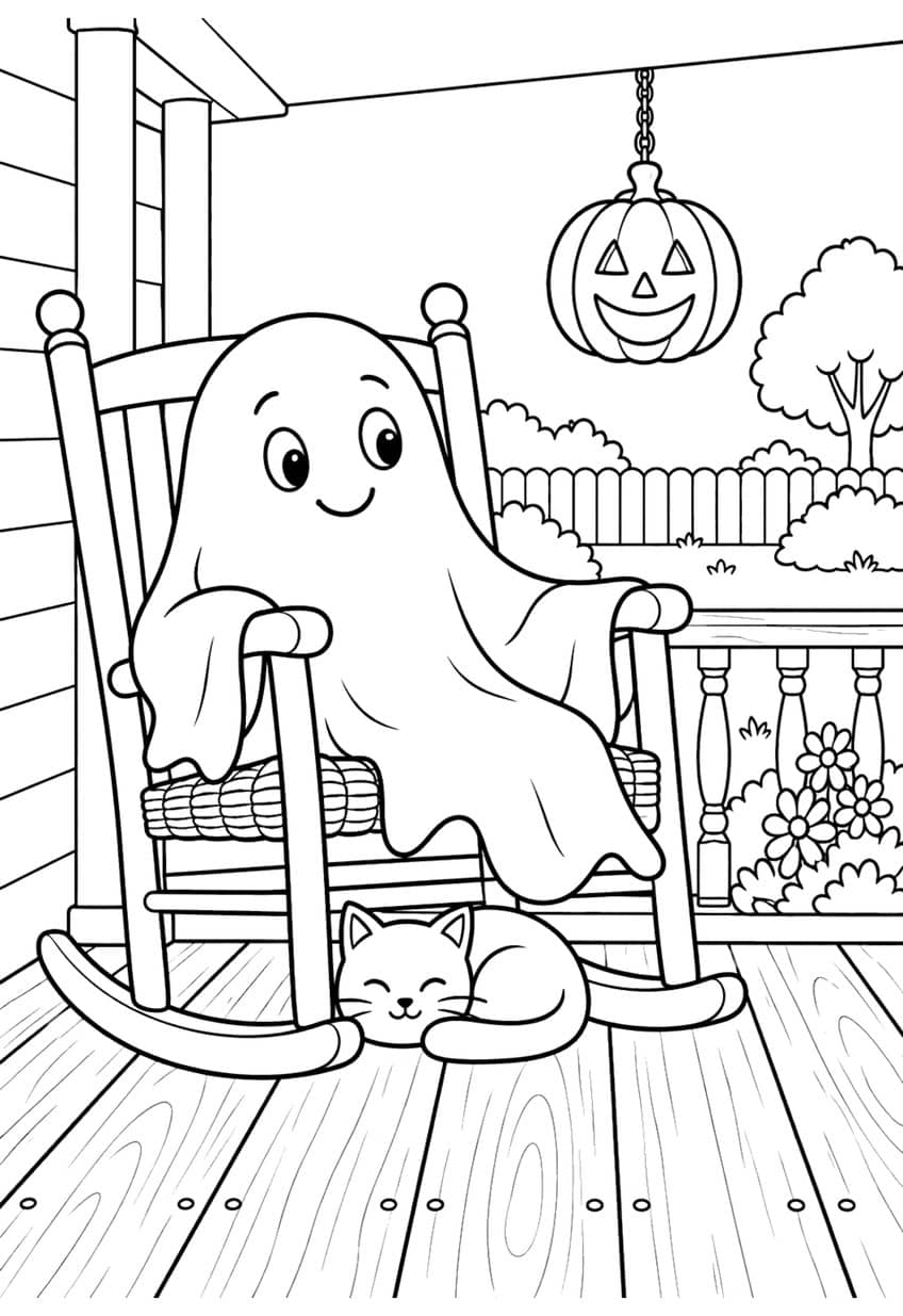 Coloring page of a smiling ghost in a rocking chair on a porch with a sleeping cat