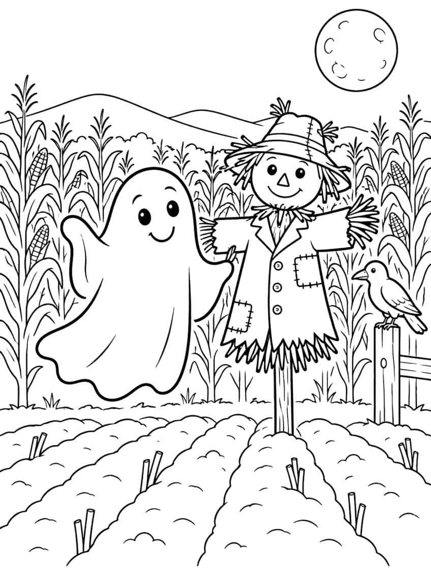 Coloring page of a friendly ghost beside a scarecrow in a cornfield with a crow and full moon