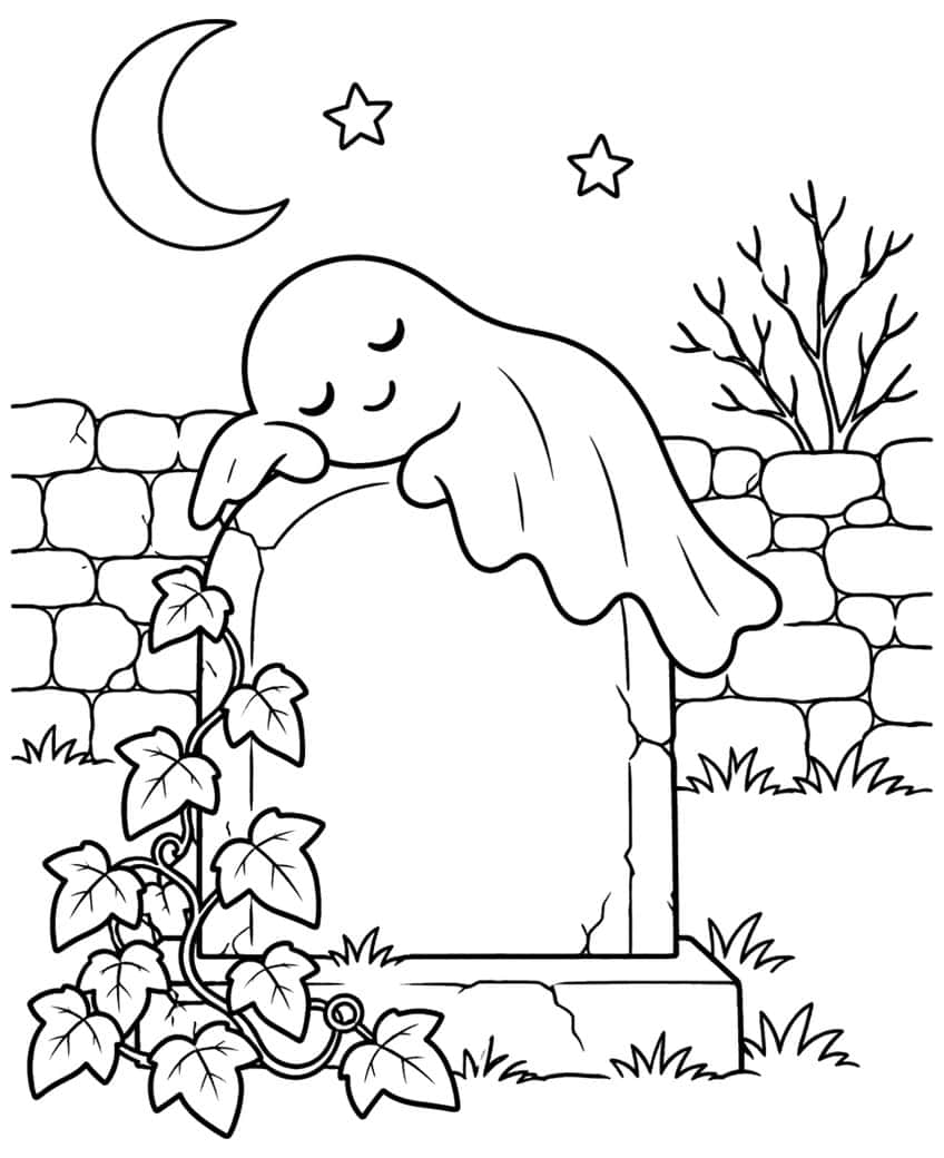 Coloring page of a sleeping ghost resting on an ivy-covered tombstone under a crescent moon