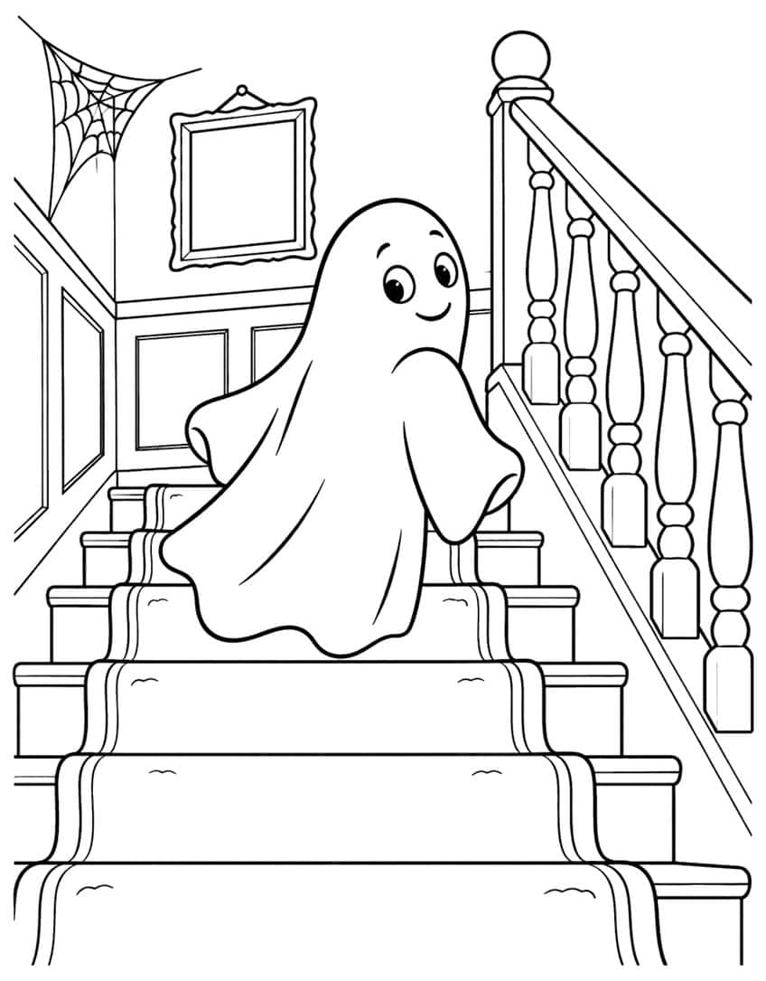 Coloring page of a smiling ghost floating up carpeted stairs beside a banister and a cobweb