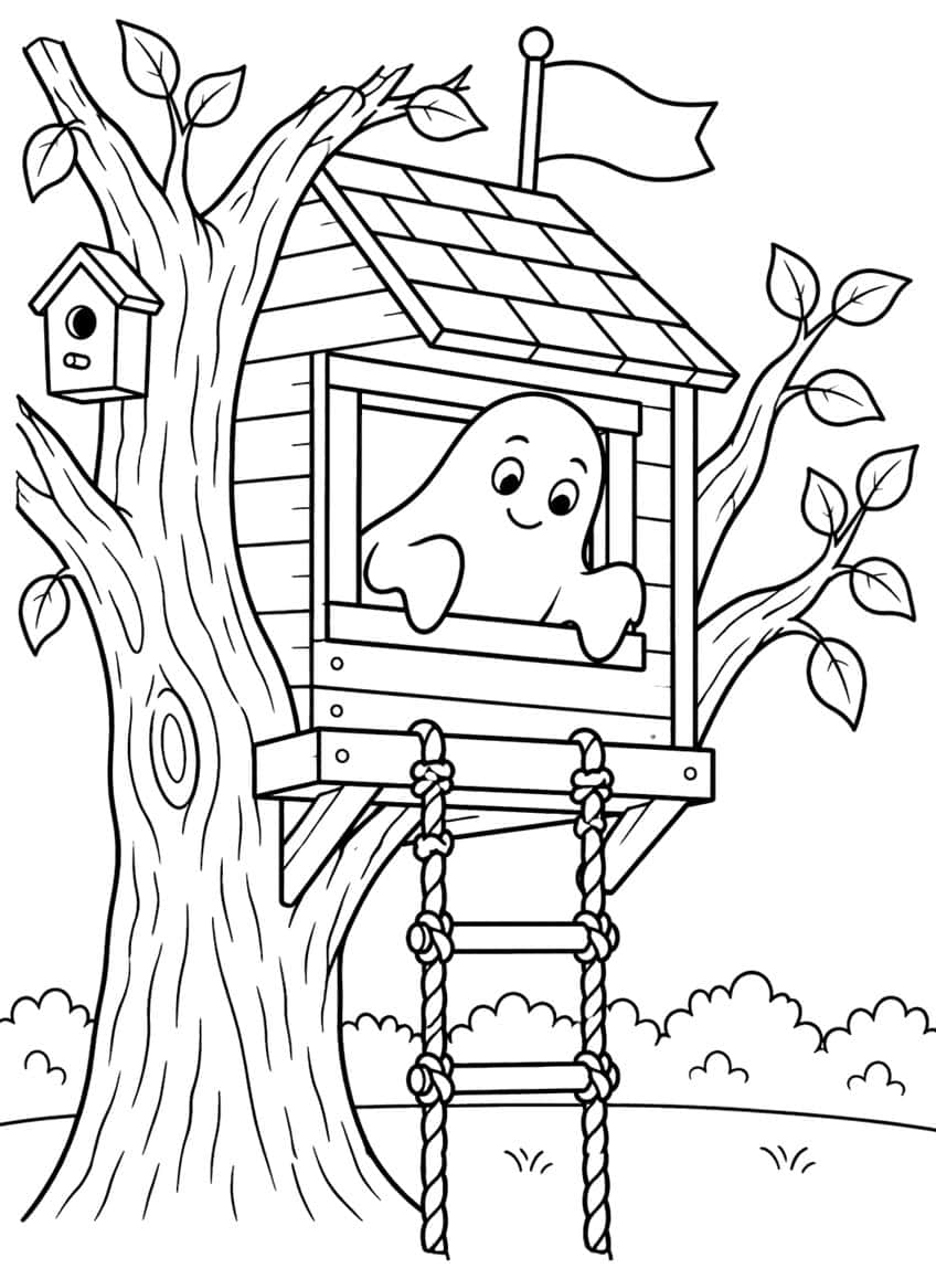 Coloring page of a friendly ghost looking out of a treehouse window with a rope ladder
