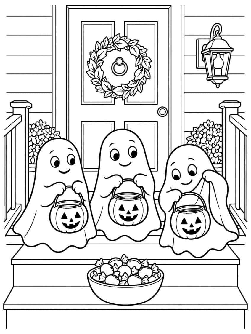 Coloring page of three ghosts holding jack-o'-lantern pails on porch steps beside a bowl of candy
