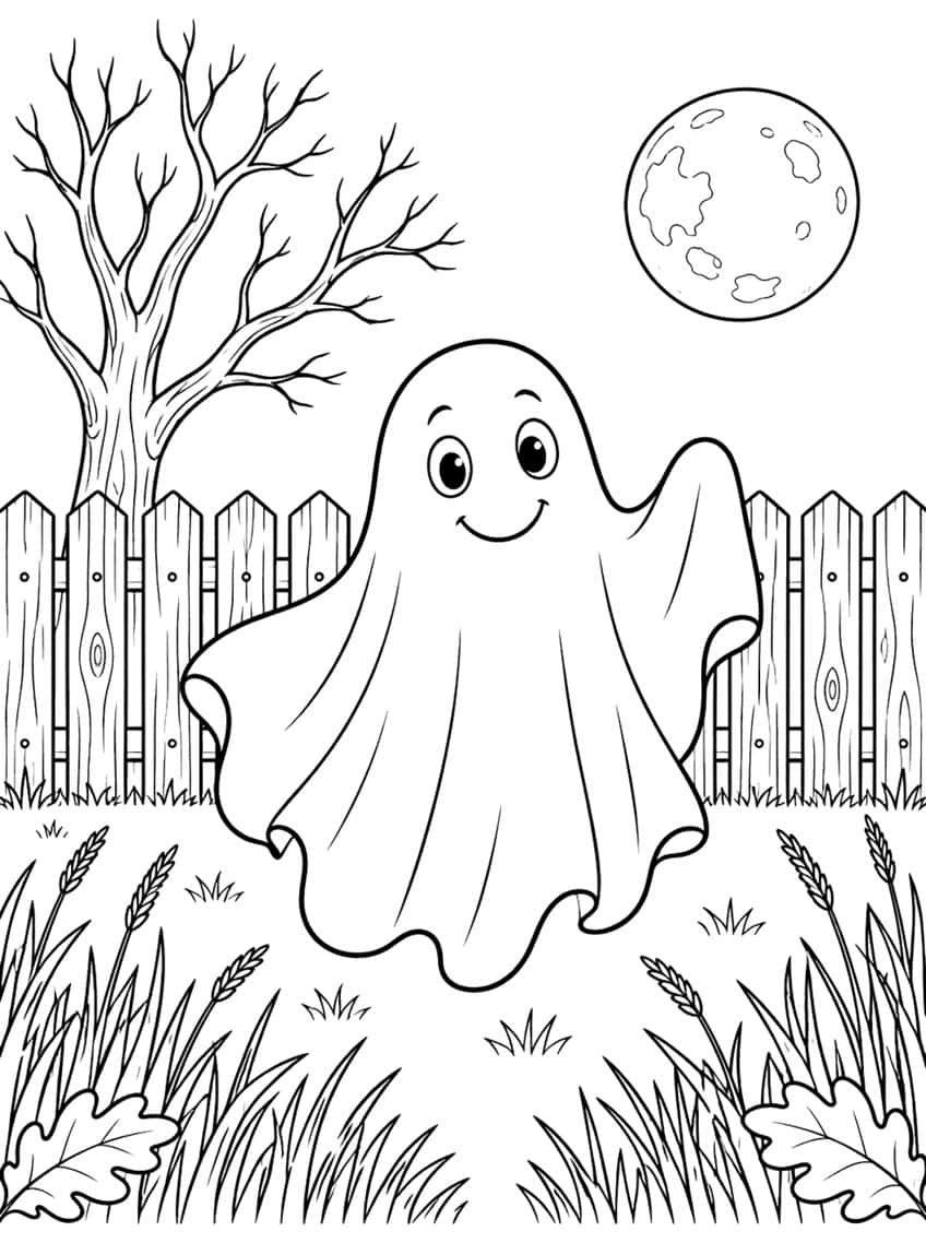 Smiling waving ghost in a garden with a bare tree, a wooden fence and a full moon