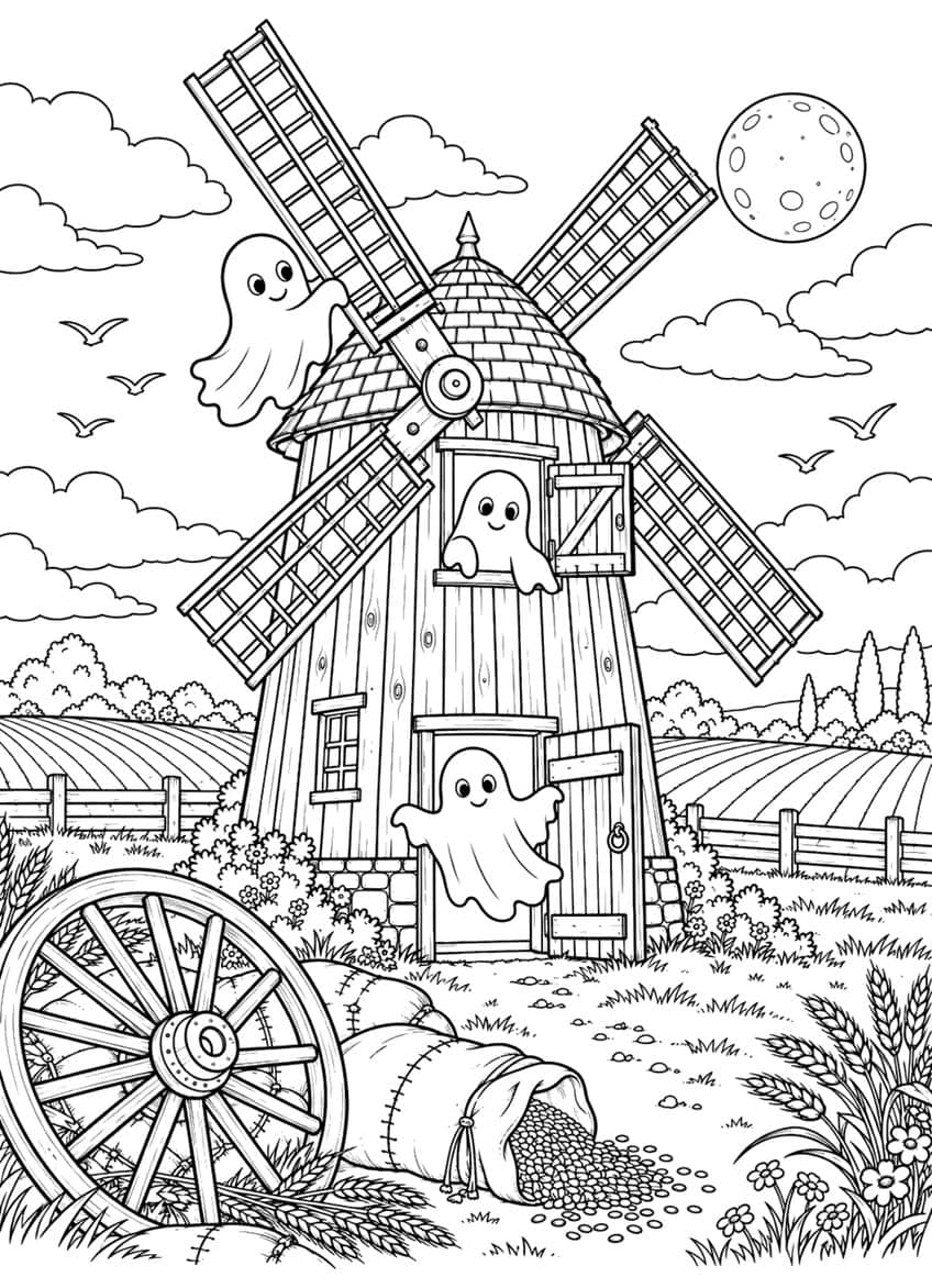 Coloring page of three ghosts at a wooden windmill with fields, a full moon and a wagon wheel