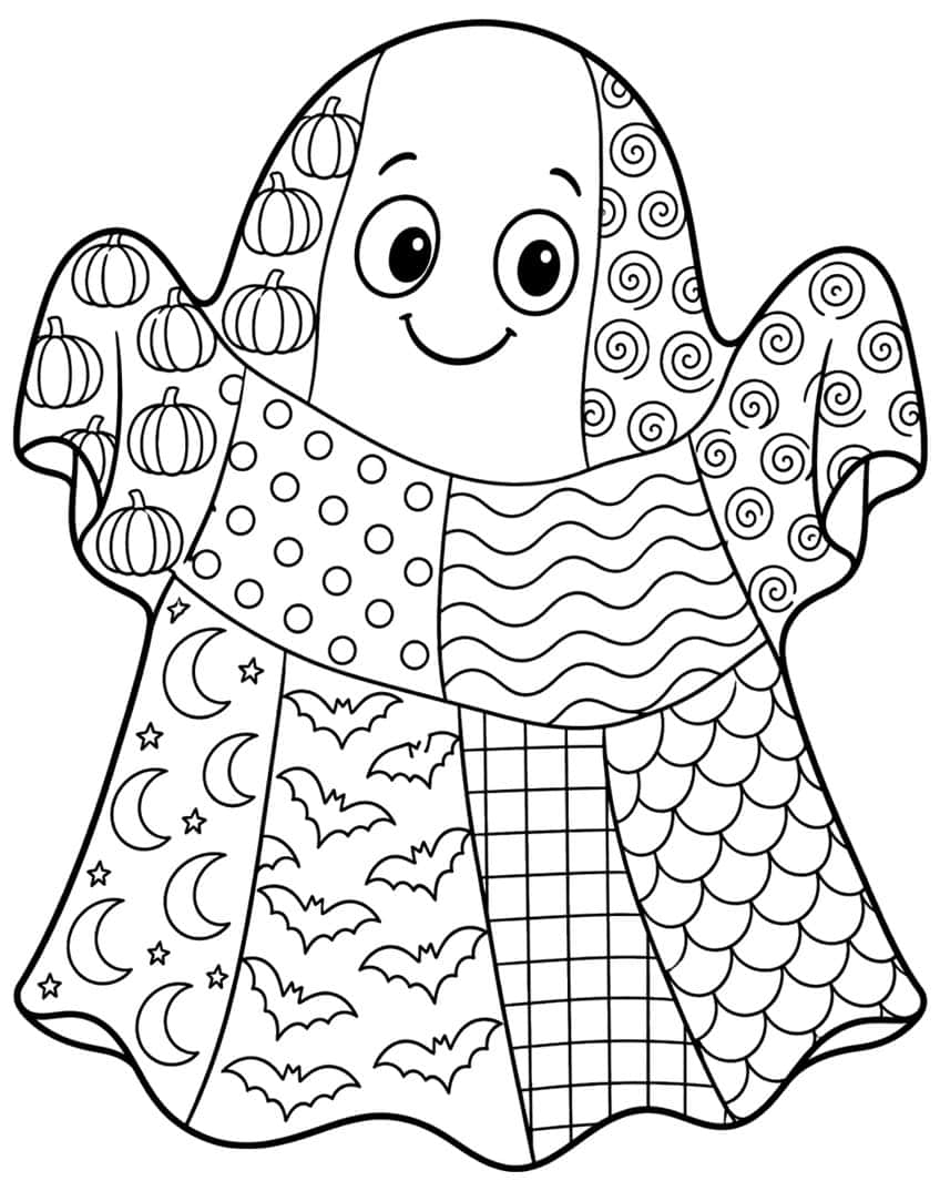 Smiling ghost coloring page with patchwork panels of pumpkins, bats, moons and swirls