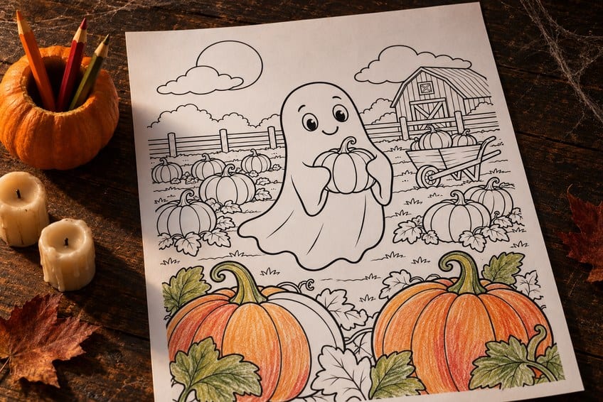 ghost coloring page partly colored in with pencils