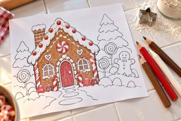 gingerbread coloring page partly colored in with pencils