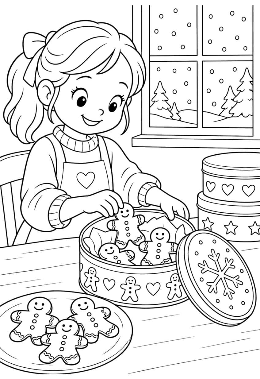 Girl with a bow packing gingerbread men into a round tin with a snowflake lid, near a snowy window