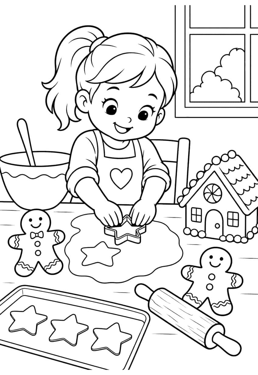 Girl with ponytail pressing a star cutter into dough, gingerbread men, tray of stars, rolling pin, gingerbread house