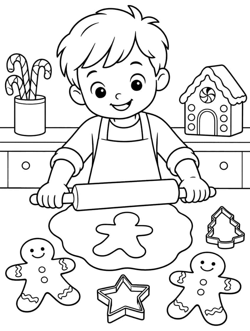 Child with rolling pin and dough, two gingerbread men, cookie cutters, candy canes and a small gingerbread house