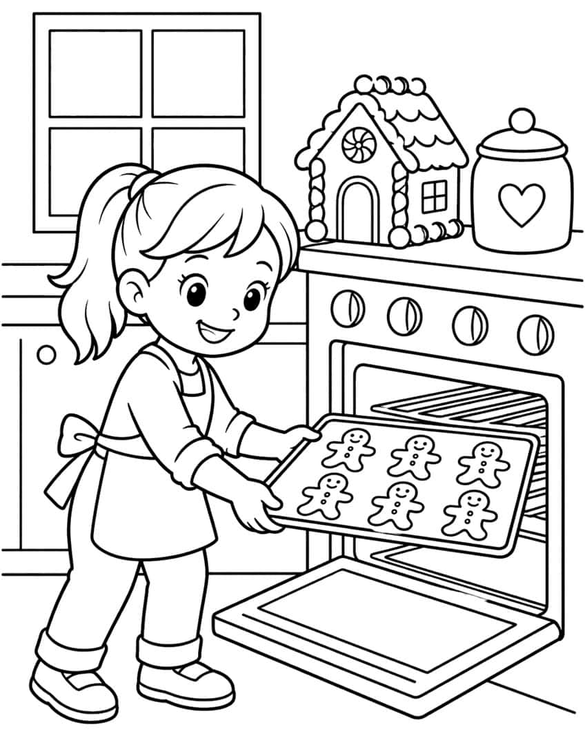 Girl in apron sliding a tray of six gingerbread men into an oven, with a gingerbread house and cookie jar