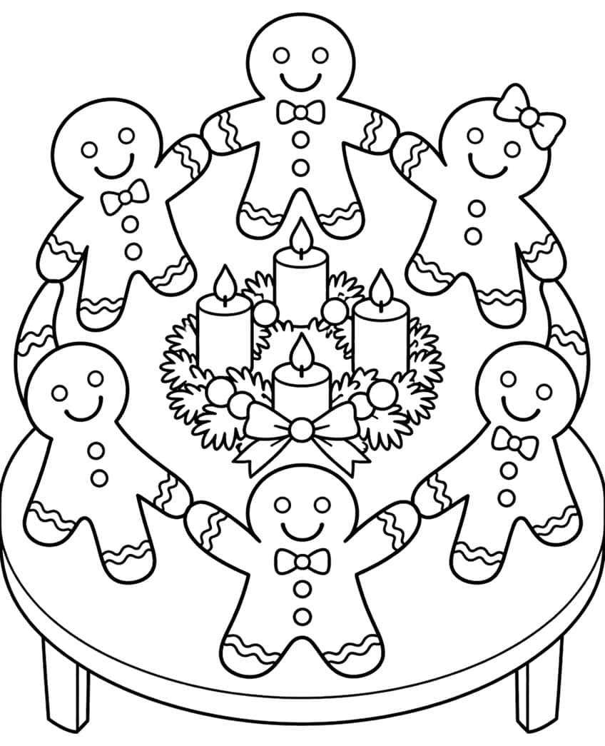 Six gingerbread cookies holding hands around a wreath with four candles on a round table